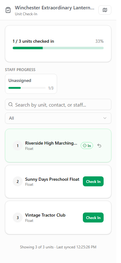 The check-in dashboard on a phone