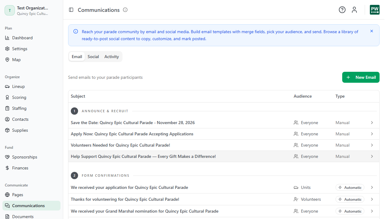 The Communications Email tab