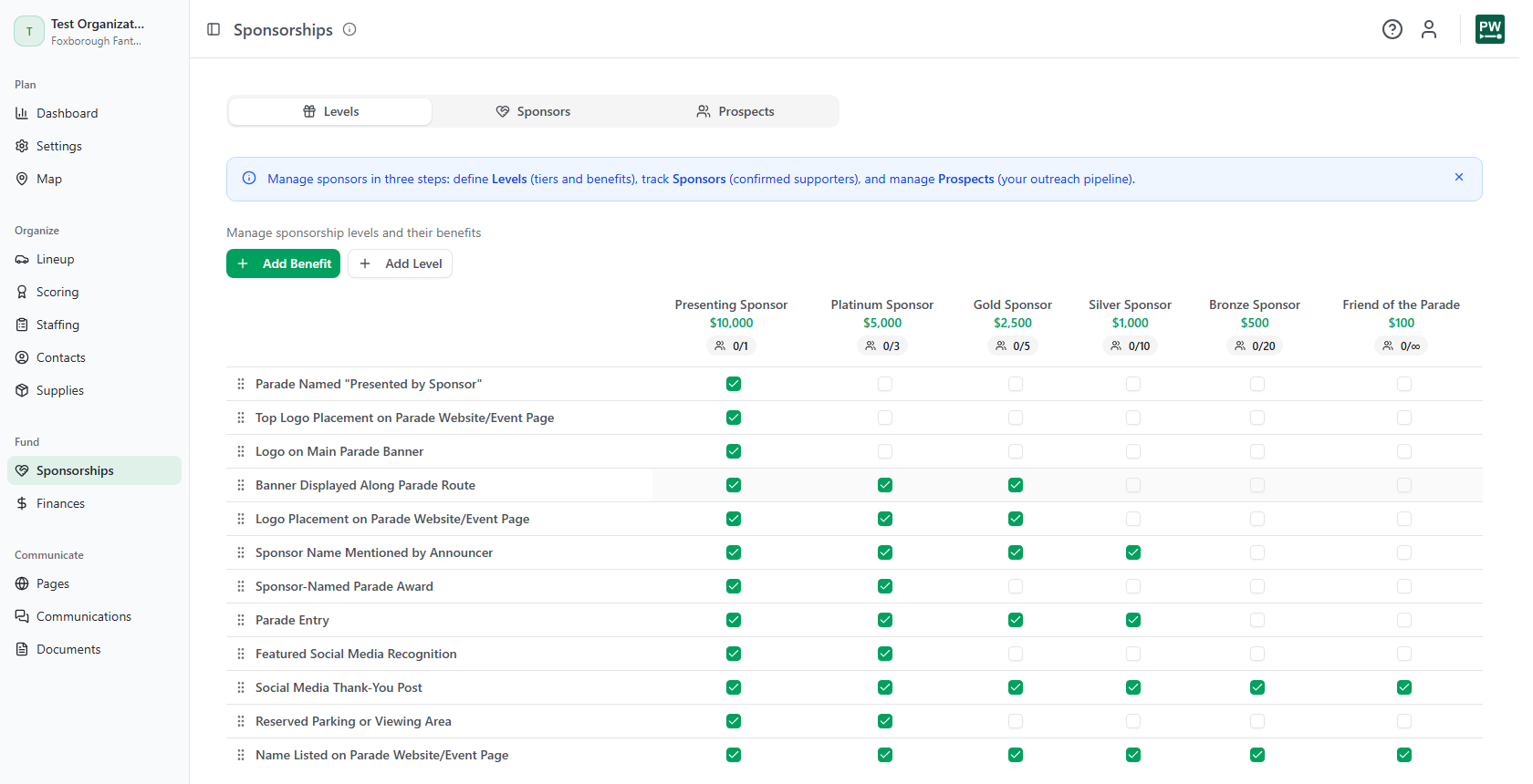 The sponsorship Levels tab