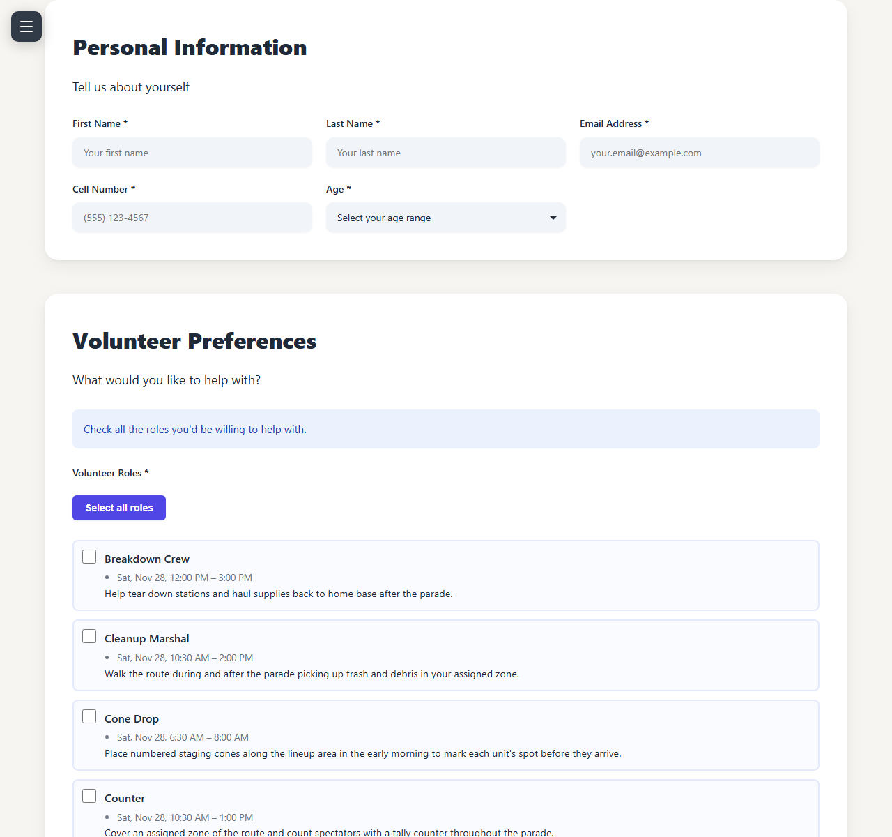 The public volunteer signup form